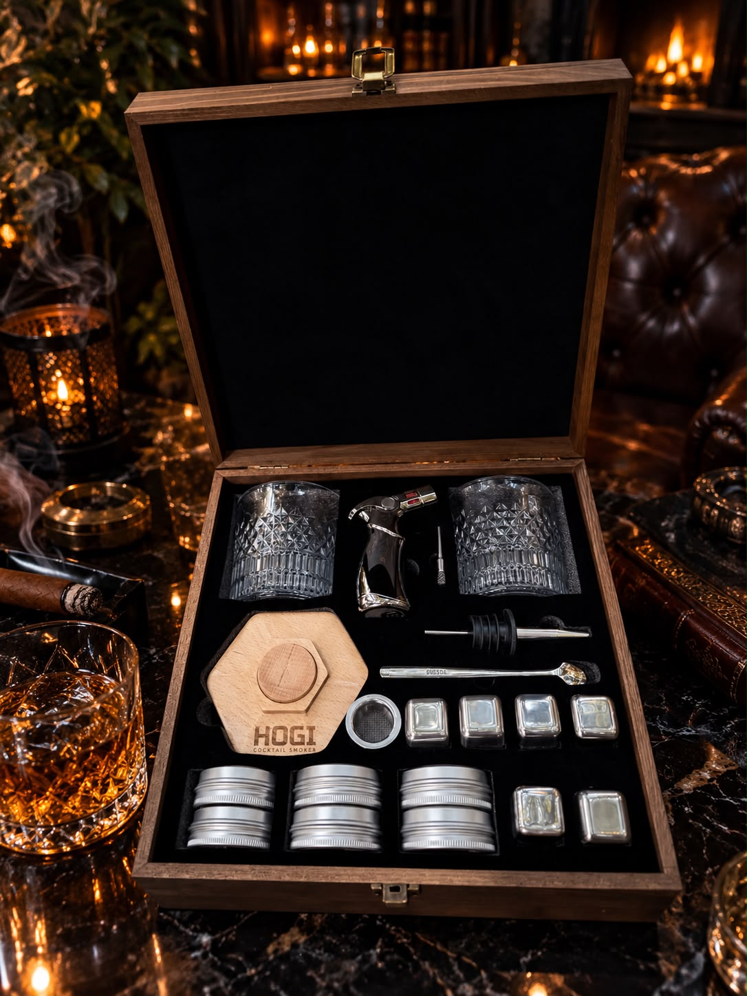 HOGI Smoker Set Premium - Duży Zestaw do wędzenia w drewnianej skrzynce