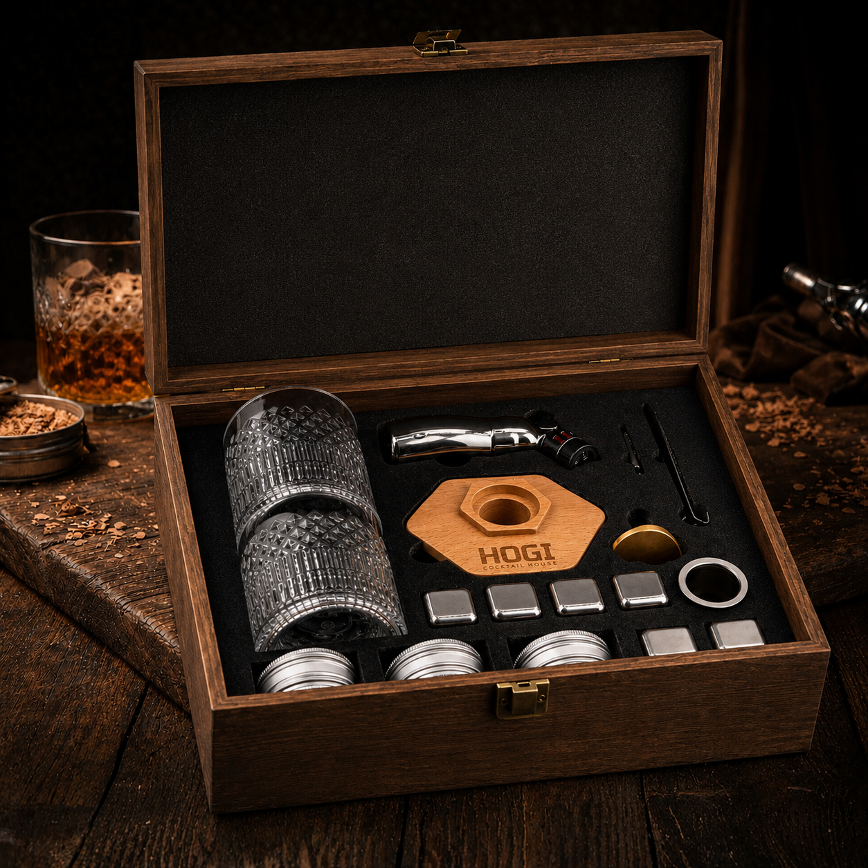 HOGI Smoker Set Premium - Duży Zestaw do wędzenia w drewnianej skrzynce